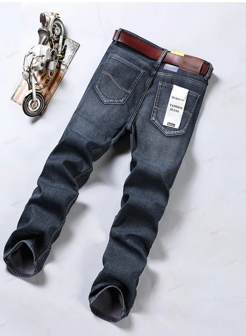 High Quality Winter Thermal Warm Flannel Jeans Men Famous Brand Fleece Denim Pants Straight Flocking Trousers Male Plus Size 40