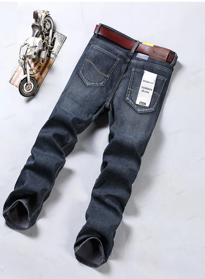 High Quality Winter Thermal Warm Flannel Jeans Men Famous Brand Fleece Denim Pants Straight Flocking Trousers Male Plus Size 40