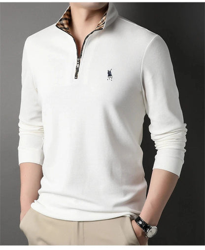 High end 100% cotton brand long sleeve T-shirt men's standing collar autumn fashionable embroidery Paul casual sports polo shirt