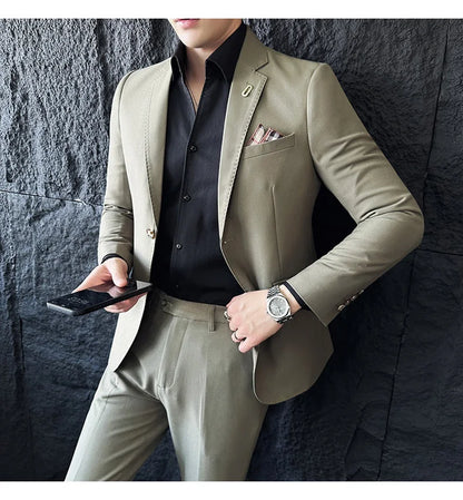 Men's Korean Style Slim Fit Suit Set, High Quality Fabric Solid Color Edge Pressing for Wedding Business