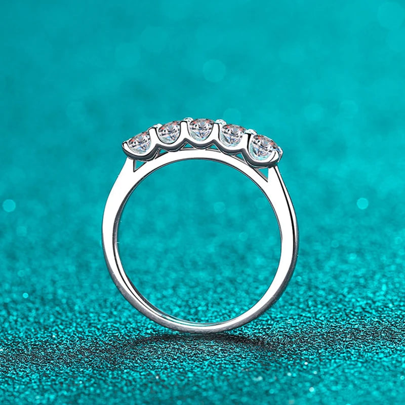 Full 3mm Moissanite Ring for Women S925 Sterling Silver Rings with White Gold Plated 5 Stone Lab Diamond Wedding Band