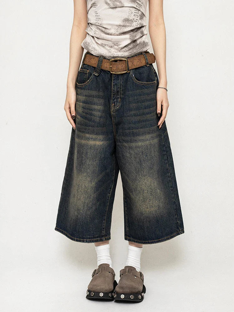 High Waist Black Retro Washed Denim Shorts Women's Harajuku Vintage Fashion Casual Loose Y2K Streetwear Mid Long  Wide Leg Pants