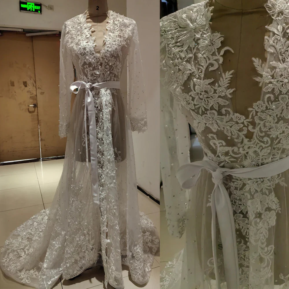 Pearls Appliques Long Sleeve Wedding Robe Jacket Robe Party Shawl BOLERO Bridal Cape Crystal Beaded Long Wedding Coat Customized