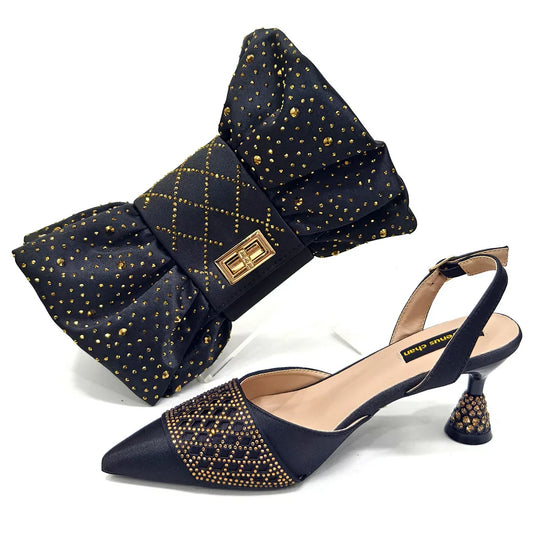 Fashion Brown Color Women's Party Shoes and Bag Set With Elegant Diamond Butterfly Design - Stylish and Chic