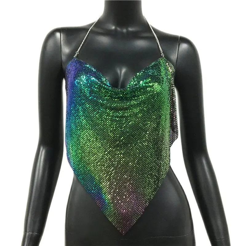 Women Solid Sequined Metal Camis Top 2025 Sexy Halter Backless V Strappy Party Nightclub Vest Cropped Tops