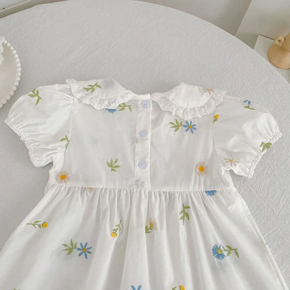 2026 Girls Dress Korean Edition Summer New 2-6Yrs Cotton Embroidered Flower Short Sleeve Girls' Dress Cute Dress
