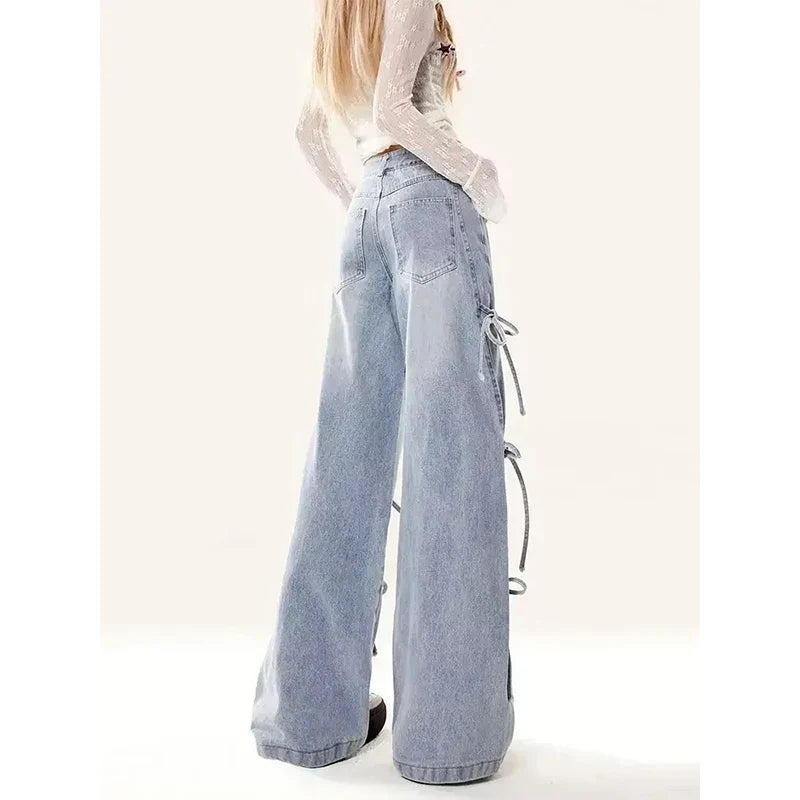 Women Vintage Streetwear Bow Bandage Wide Leg Denim Pants