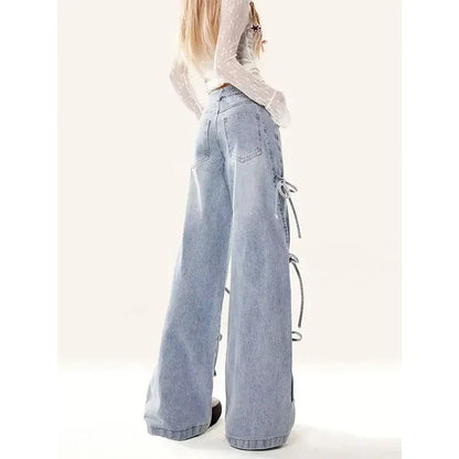 Women Vintage Streetwear Bow Bandage Wide Leg Denim Pants