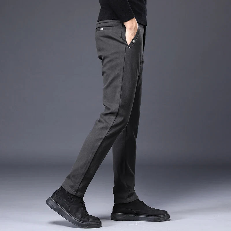 Men's Slim Suit Casual Pants Thick Fashion Embroidered Pocket Trousers Business Baggy Office Comfortable Elastic Pants Male