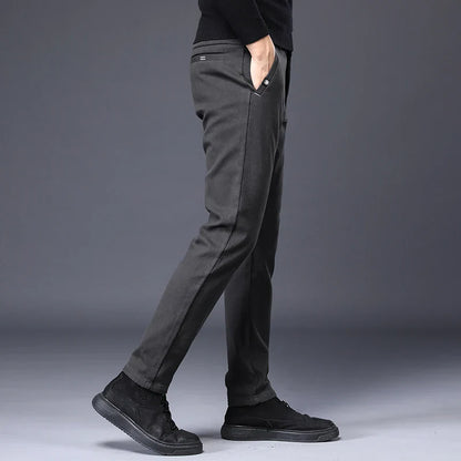 Men's Slim Suit Casual Pants Thick Fashion Embroidered Pocket Trousers Business Baggy Office Comfortable Elastic Pants Male