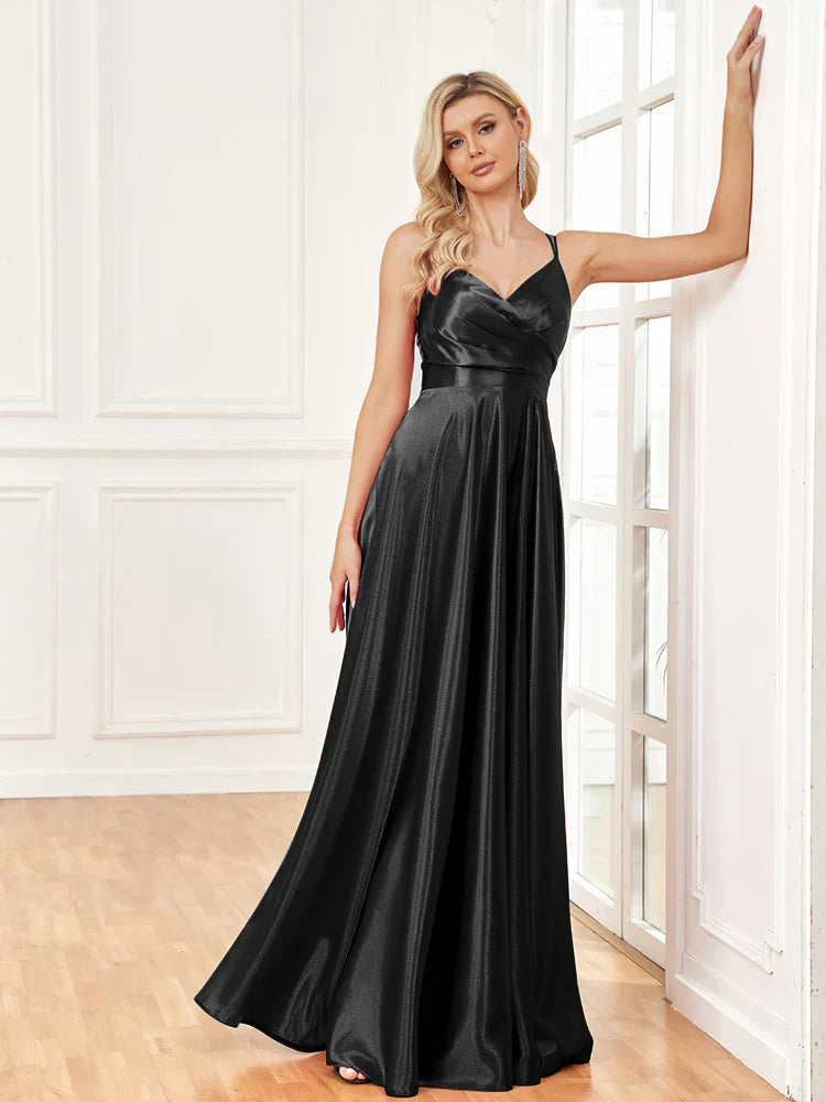 Luxury V-Neck Satin Sleeveless Blue Formal Evening Dress 2024 Women Elegant Sexy Slip Wedding Party Long Prom Dress
