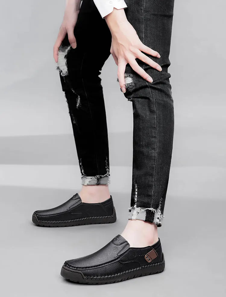 Men's Handmade Thick Rubber Bottom Breathable Casual Leather Shoes Classic Sewn Loafers Comfortable Leisure Footwear