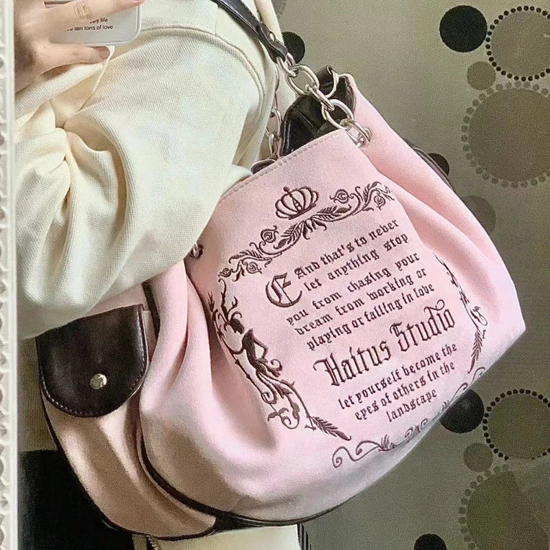 Bolsa Tote Feminina Rosa Vintage Y2K Gótica Estética Grande Capacidade Bordado Letra Retrô Corrente Grunge Viagem Ombro