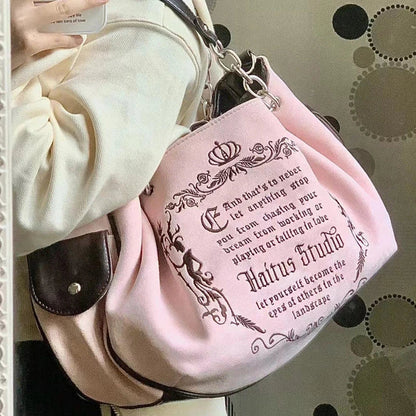 Bolsa Tote Feminina Rosa Vintage Y2K Gótica Estética Grande Capacidade Bordado Letra Retrô Corrente Grunge Viagem Ombro