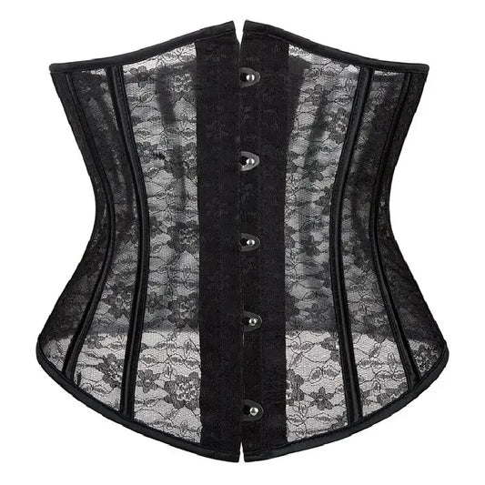 Women Underbust Corset Tops Black White Transparent Mesh Lace Bustier Plastic Bones Basques Body Shaper Waist Cincher Korset