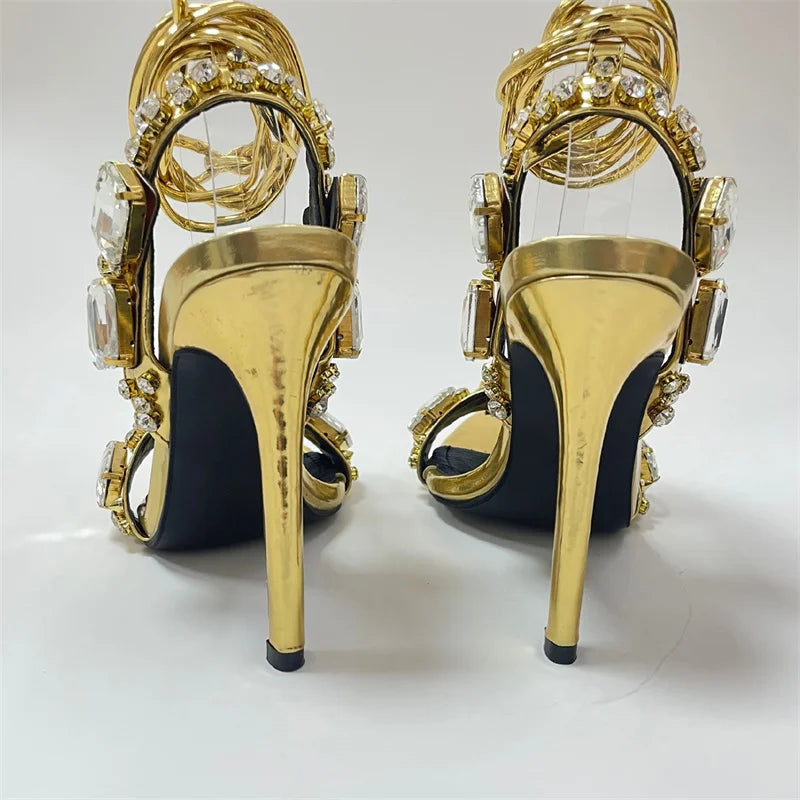 Sexy Ankle Strap Golded Sandals Women Party Nightclub Stripper Heels High Quality Crystal Diamond Pointed Toe Wedding Shoe