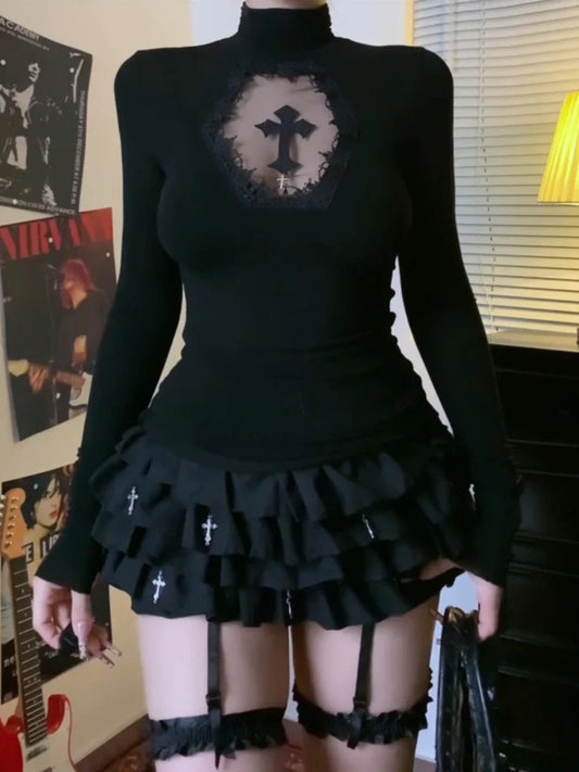 Top Y2k Clothes Black Gothic Cross Hollow Slimming Bottom T Shirt for Women Long Sleeve Sexy T-shirt Girls Tops