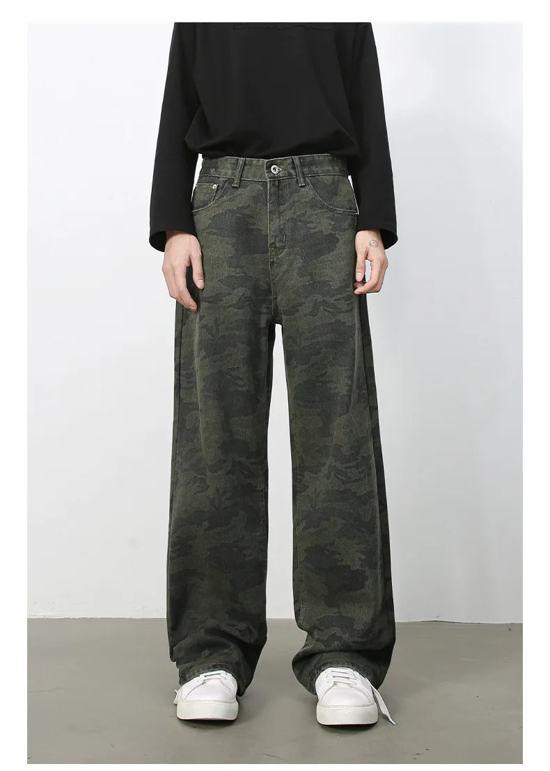Tide Camouflage Jeans Men's Ins Loose Straight Wide Leg Casual Denim Pants Loose Male Trousers 12C2036