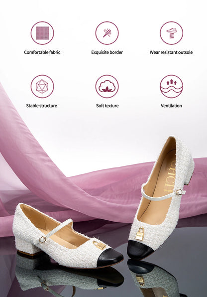 Women's High Heels New Low Heel Texture Mommy Casual Shoes Mary Jane Shoes