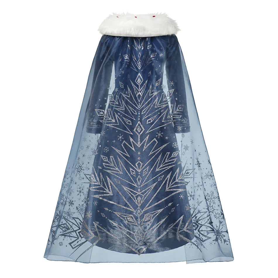 Blue Snowflake Princess Dress Winter Long Sleeve Fur Collar Snow Queen Costume Dress Girl Elsa New Year Christmas Party Clothes