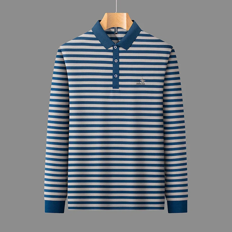 2025 new spring and autumn season new men's striped long sleeved T-shirt business casual lapel polo shirt base top