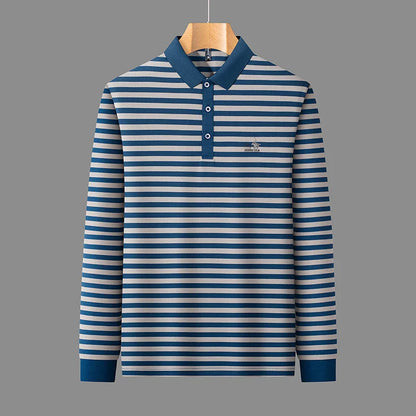 2025 new spring and autumn season new men's striped long sleeved T-shirt business casual lapel polo shirt base top