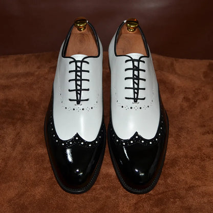 Formal Oxfords Shoes for Men White Black Real Cow Patent Leather Business Lace-up Wingtip Toe Brogue Wedding Mens Dress Shoes