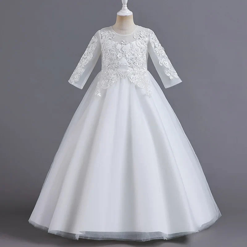 New Slim short sleeve fashion girls dress 3-12 years old Fluffy white wedding Sweet Princess dress lace