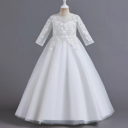 New Slim short sleeve fashion girls dress 3-12 years old Fluffy white wedding Sweet Princess dress lace