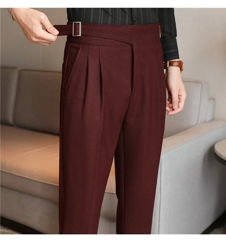 Luxury Men's Slim High-Rise Dress Pants - Heavyweight Subtle Stripe with 3D Pleats & Naples Tailoring