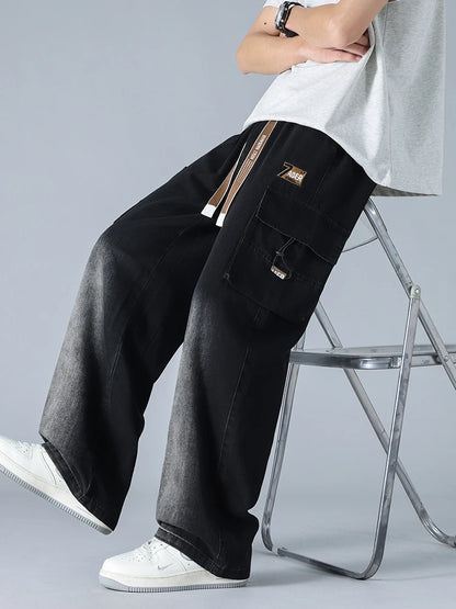 Summer Men's Straight Jeans Multi-Pockets Wide Leg Denim Cargo Pants 8XL 7XL 6XL Big Size Lightweight Baggy Solid Jeans Trousers