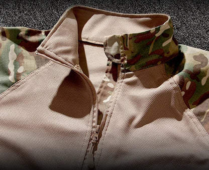 Autumn Tactical Sets Men Outdoor Breathable Short Sleeve Tshirt+Waterproof Straight Pant 2 Pcs Suits Camo Multi-pocket Cargo Set