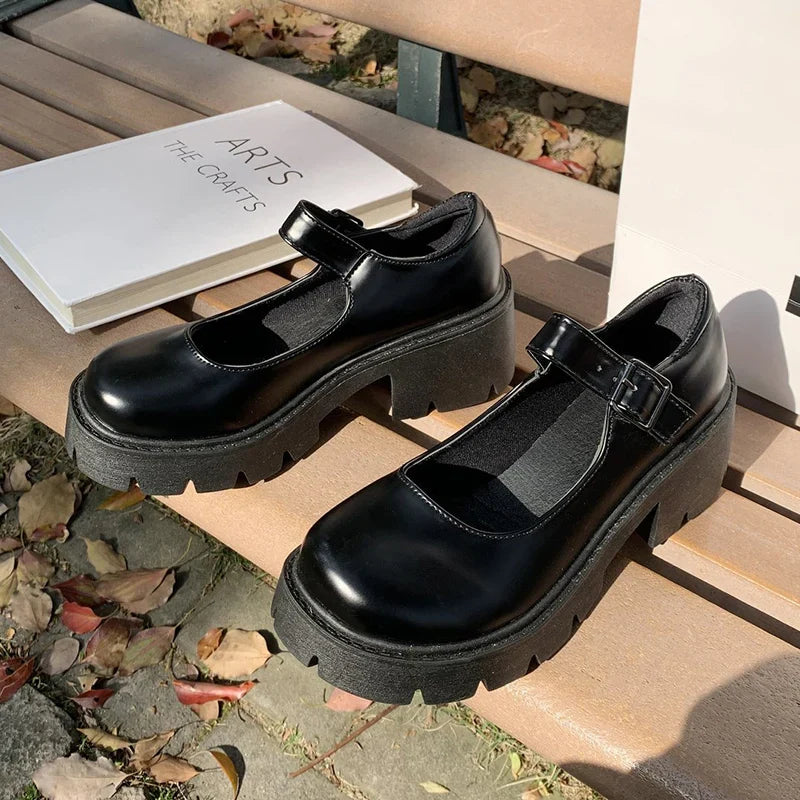 Patent Leather High Heels Mary Jane Shoes Women Japanese Style Ankle Buckle Platform Pumps Woman Punk Jk Uniform Lolita Shoes 43