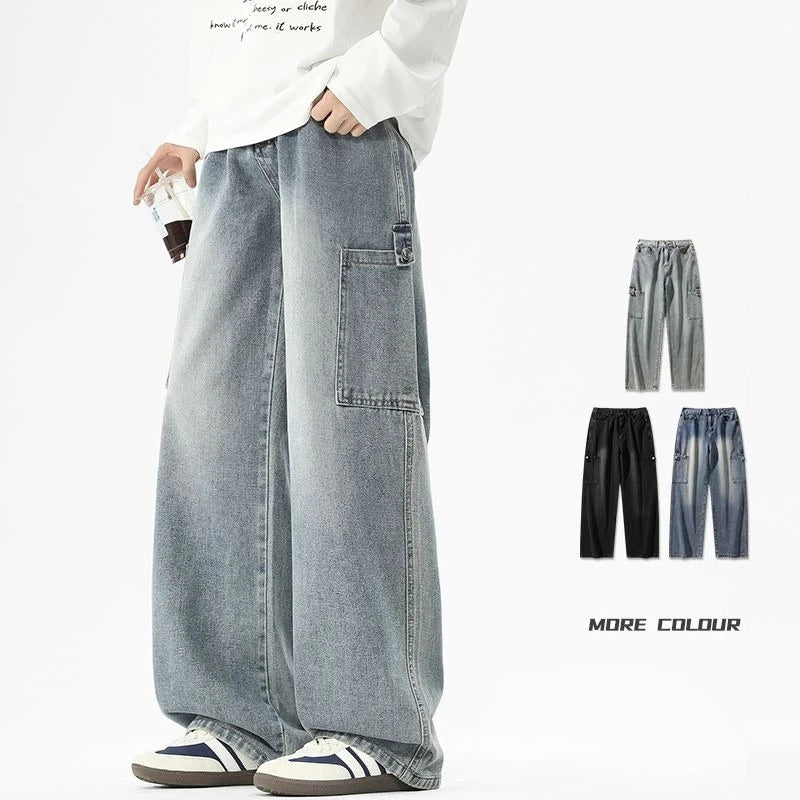 Cargo Jeans Men's Autumn New Vintage Fashion Straight Denim Trousers Casual Wide Personalized Male Clothing Pants Men Denim