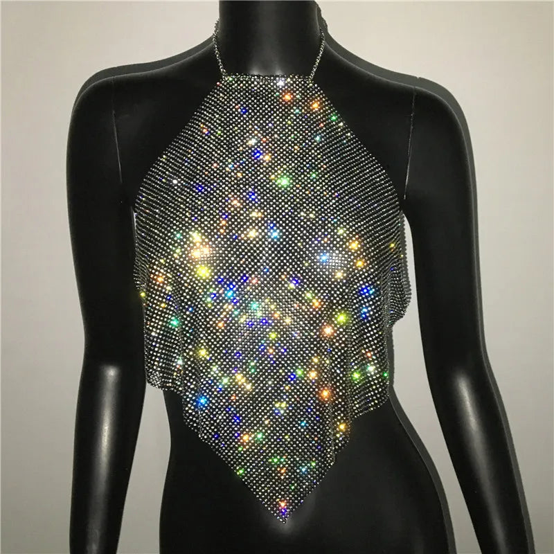 Fashion Summer Backless Tank Top Women Shiny Rhinestone Metal Sequins Halter Neck Camisole Rave Festival Party Crop Tops
