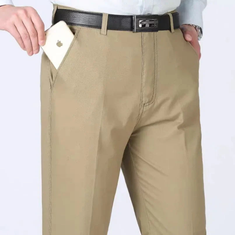 Summer Thin 100% Cotton Pants Mens Autumn Thick Suit Pant Slacks High Waist Straight Loose Bland Solid Business Casual Pants