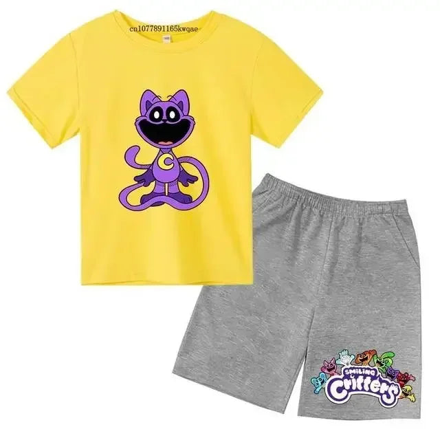 Smiling Critters Cartoon Print Kids Summer Cute 2pcs Soft T-shirts+Pants Suits 2-13Years Boys Girls Casual Sets Children Clothes