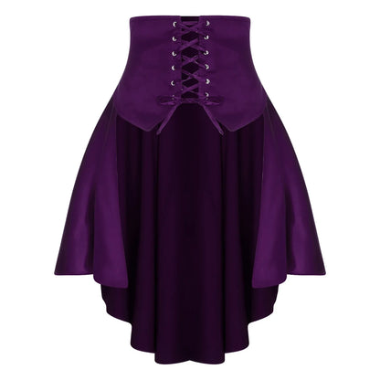 Womens Gothic Steampunk Satiny Pirate Skirt Front Lace-up Tiered Ruffled Irregular Hem Skirt Waist Belt Vintage Medieval Costume