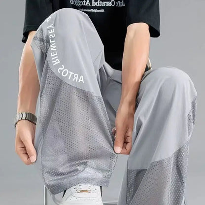 Men's Ice Silk Pants, Summer Thin Mesh Breathable Sports Loose Casual Long Pants, Cool Touch, Mosquito Proof Pants