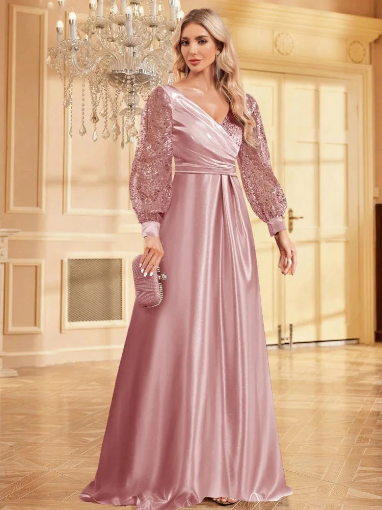 Luxury Blue V-Neck SequinS Evening Dress 2025 Elegant Women Party Maxi Dress Long Sleeve Cocktail Dress Prom Graduation Gowns