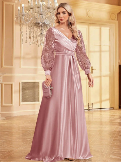 Luxury Blue V-Neck SequinS Evening Dress 2025 Elegant Women Party Maxi Dress Long Sleeve Cocktail Dress Prom Graduation Gowns