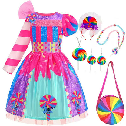 Girls Candy Fairy Lollipop Cosplay Costume Toddler Carnival Purim Rainbow Vestidos Girls Birthday Party Long Short Sleeves Dress