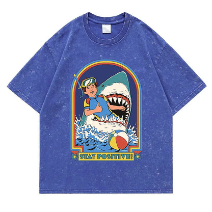 Stay Positive Printing Washed Retro Snow Mens T-Shirt Cotton Loose Tees Cotton Oversize Streetwear Breathable Tshirt Couple