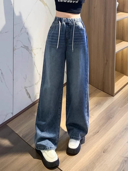 Calça Jeans Feminina Plus Size Folgada Cintura Alta Perna Larga Azul Claro Elástico na Cintura Cordão Calças Outono Moda Plus Size