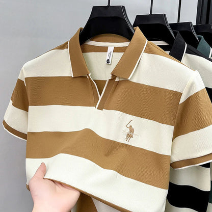 High End Embroidered Polo Shirt for Men, 2026 New Summer Striped Men's Short Sleeved T-shirt, Pure Cotton Lapel Half Sleeved Top