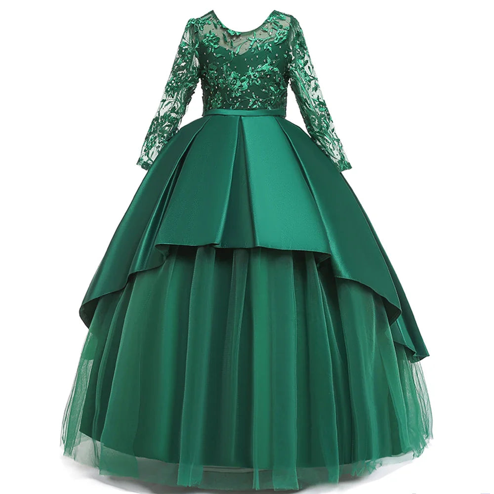 Teens Sequin Bridesmaid Girls Party Dress Long Sleeve First Communion Gown Wedding Party Princess Dresses Bow Christmas Costumes