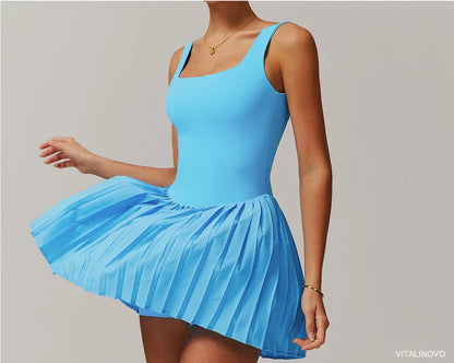 Workout Tennis Dress with Built in Shorts Square Neck Padded Workout Dress with Pockets Golf Athletic Mini Dresses