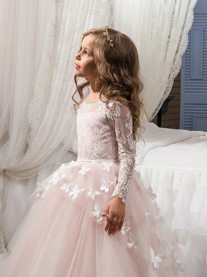 Elegant and lovely butterfly floor mopping flower girl wedding dress, lace long sleeved ball dress
