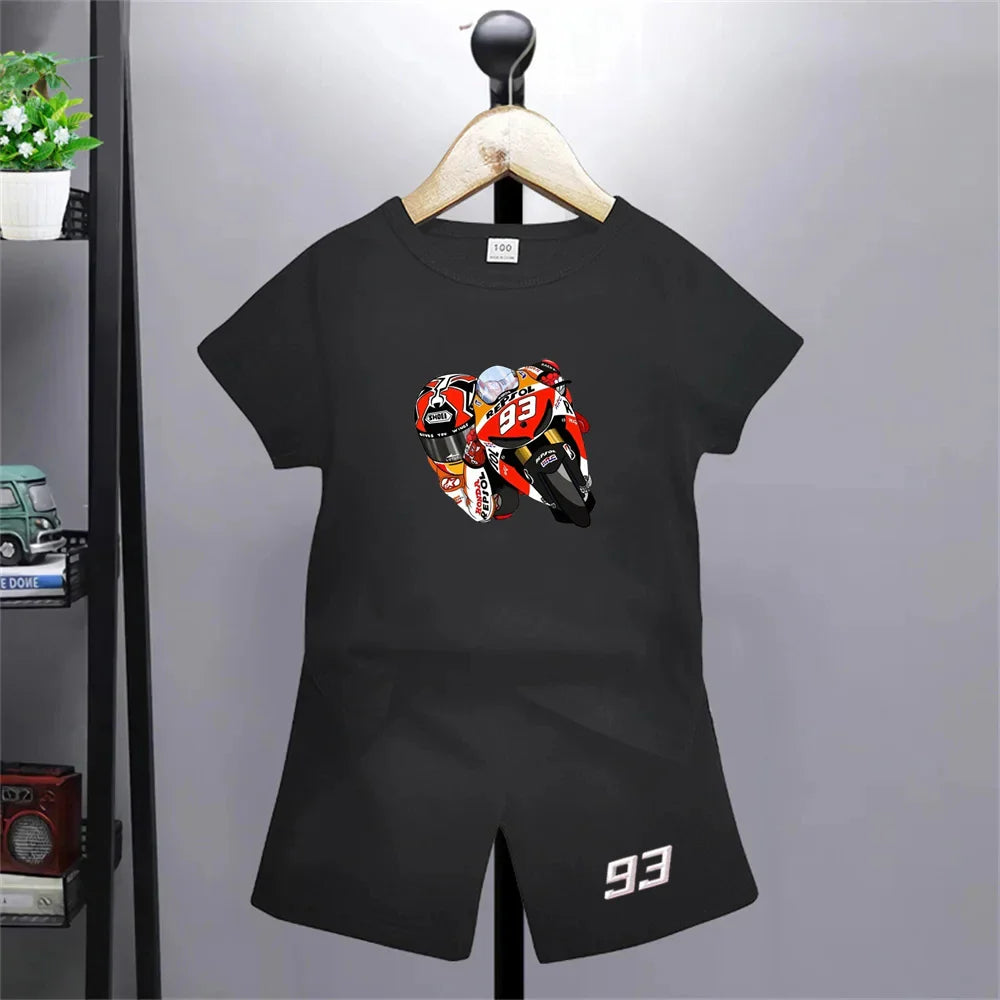 Summer red Short Sleeve T Shirt +shorts 2 Piece Motorcycle race car number 93 Children Clothes Casual Boy Girl Kid Tracksuit