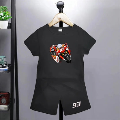 Summer red Short Sleeve T Shirt +shorts 2 Piece Motorcycle race car number 93 Children Clothes Casual Boy Girl Kid Tracksuit